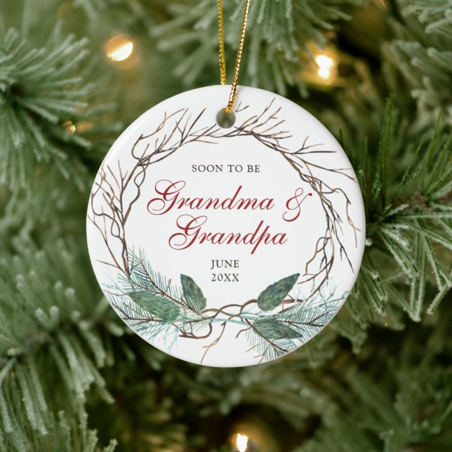 Soon To Be Grandma Grandpa Personalised Wreath Ceramic Tree Decoration (Tree)