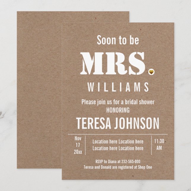 Soon to be Mrs. kraft paper wedding bridal shower Invitation (Front/Back)