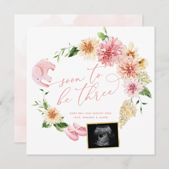 Soon To Be Three Ultrasound Pregnancy Reveal Announcement (Front/Back)