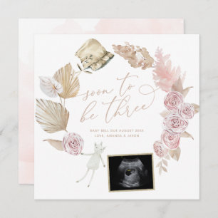 Soon To Be Three Ultrasound Pregnancy Reveal Boho Announcement
