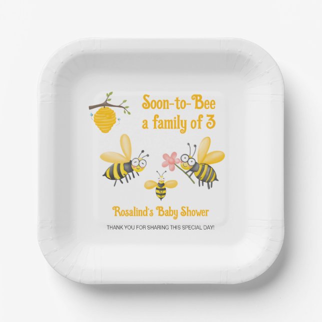 Soon To Bee A Family Of 3 Bee Theme Baby Shower Paper Plate (Front)