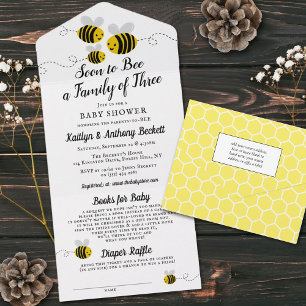 Soon To Bee A Family Of Three   Baby Shower All In One Invitation
