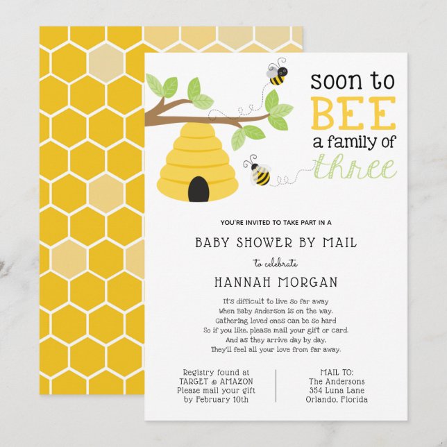 Soon to Bee a Family of Three Baby Shower by Mail Invitation (Front/Back)