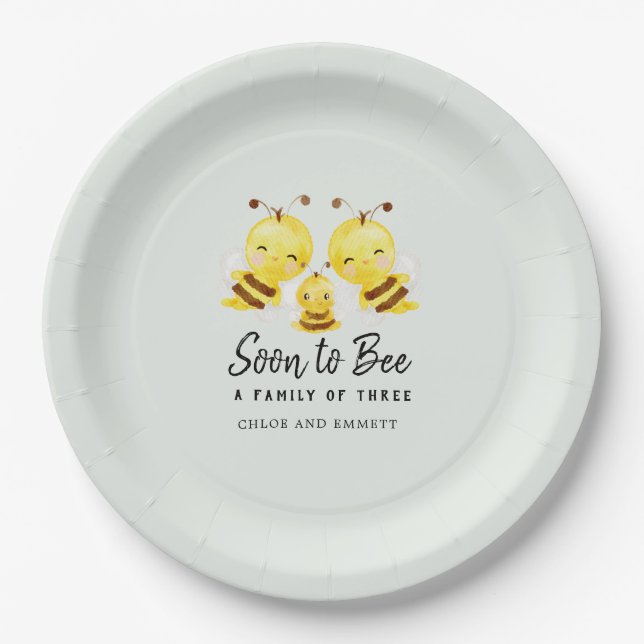 Soon to Bee a Family of Three Baby Shower Custom Paper Plate (Front)