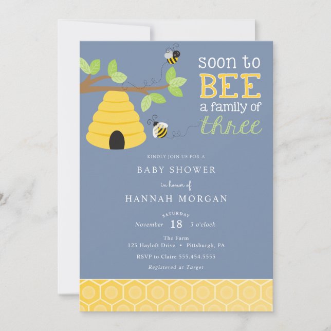 Soon to Bee a Family of Three Baby Shower Invitation (Front)