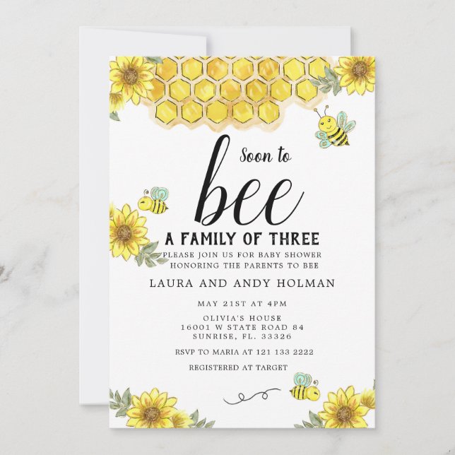 Soon to Bee a Family of Three Baby Shower  Invitation (Front)