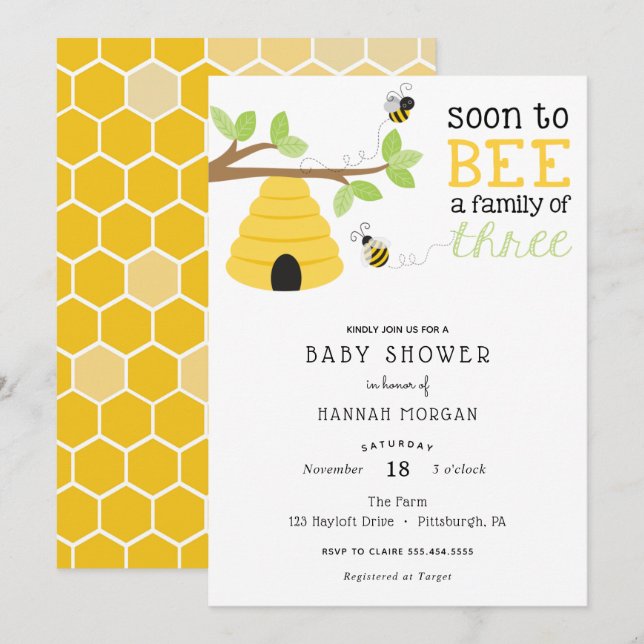 Soon to Bee a Family of Three Baby Shower Invitation (Front/Back)