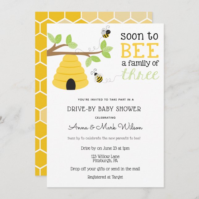 Soon to Bee a Family of Three Drive-By Baby Shower Invitation (Front/Back)