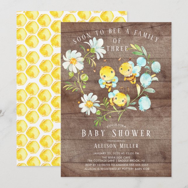 Soon to Bee Family of 3 Baby Shower Invitation (Front/Back)