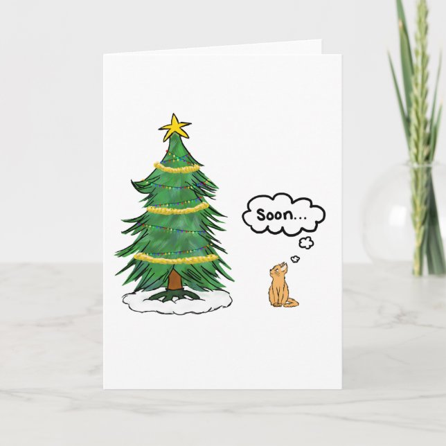 'Soon' Tree and Cat Holiday Card - English, Orange (Front)