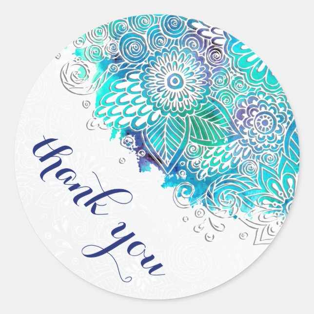 Soothing Blue and Teal Floral Mandala Thank You Classic Round Sticker (Front)