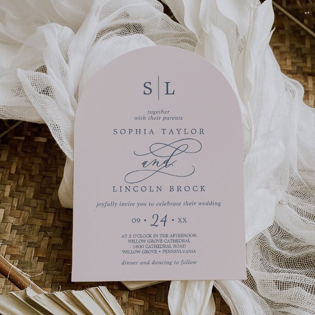 SOPHIA Arch Monogram Pink Blush and Navy Wedding Invitation (SOPHIA Arch Monogram Pink Blush and Navy Wedding Invitation)