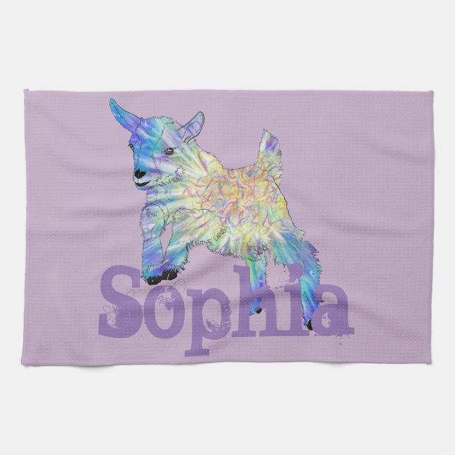 Sophia Colourful Cute Baby Goat Jumping Animal Art Tea Towel (Horizontal)