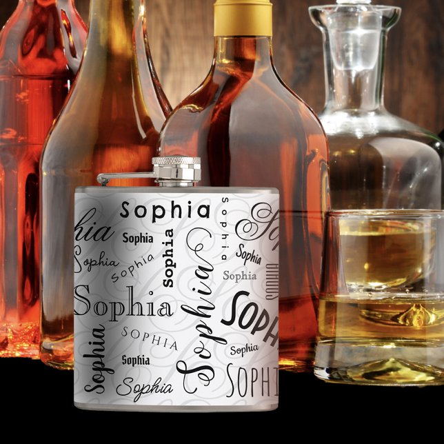 Sophia Custom Name Pattern Black White Hip Flask (Creator Uploaded)