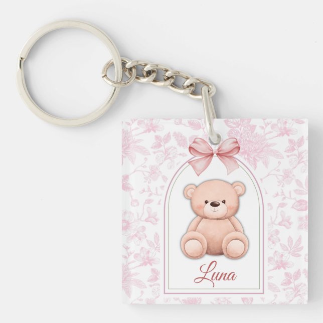 Sophia | Custom Pink Teddy Bear Nursery Design  Key Ring (Front)