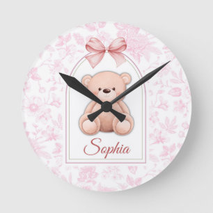 Sophia Custom Pink Teddy Bear Nursery Design Round Clock