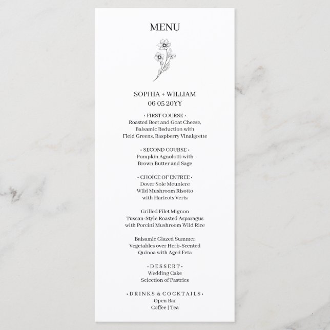Sophia Elegant Modern Wedding Reception Dinner Menu (Front)