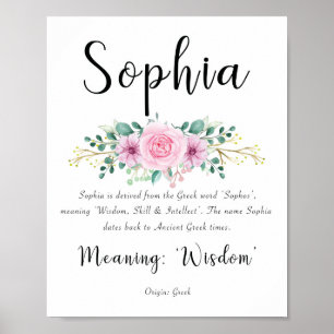 Sophia name meaning Print with Pink flowers 8x10 