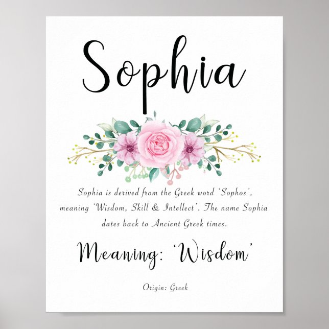 Sophia name meaning Print with Pink flowers 8x10  (Front)