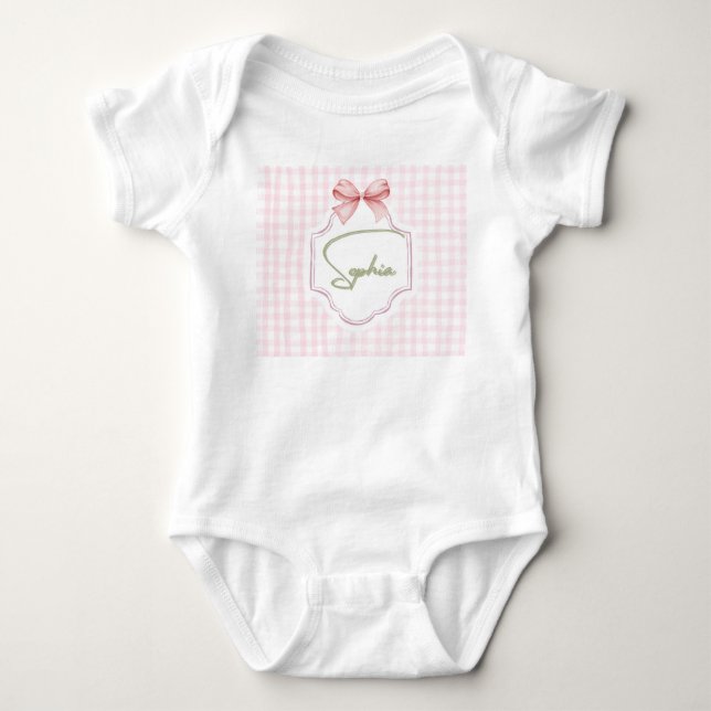 Sophia Personalized Pink Bow & Gingham Print  Baby Bodysuit (Front)