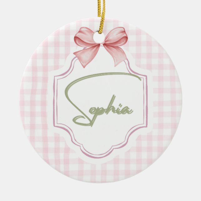Sophia Personalized Pink Bow & Gingham Print  Ceramic Tree Decoration (Front)