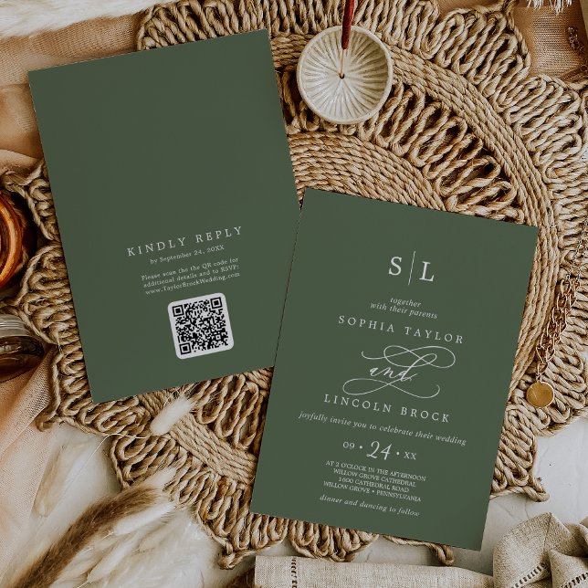 SOPHIA QR Code Boho Olive Green All In One Wedding Invitation (SOPHIA QR Code Boho Olive Green All In One Wedding Invitation)