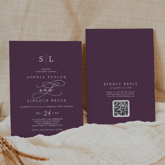 SOPHIA QR Code Dark Plum Moody All In One Wedding Invitation (SOPHIA QR Code Dark Plum Moody All In One Wedding Invitation)