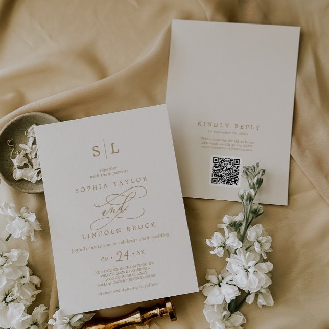 SOPHIA QR Code Gold Cream Chic All In One Wedding Invitation (SOPHIA QR Code Gold Cream Chic All In One Wedding Invitation)