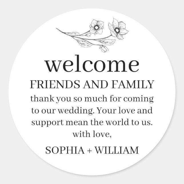 Sophia Simple Black White Wedding Welcome Bag Classic Round Sticker (Front)