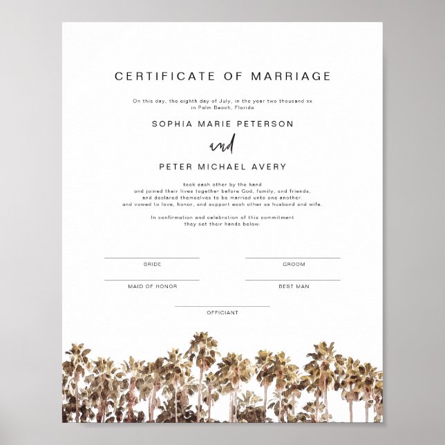 SOPHIA Tropical Beach Palm Marriage Certificate Po Poster (Front)