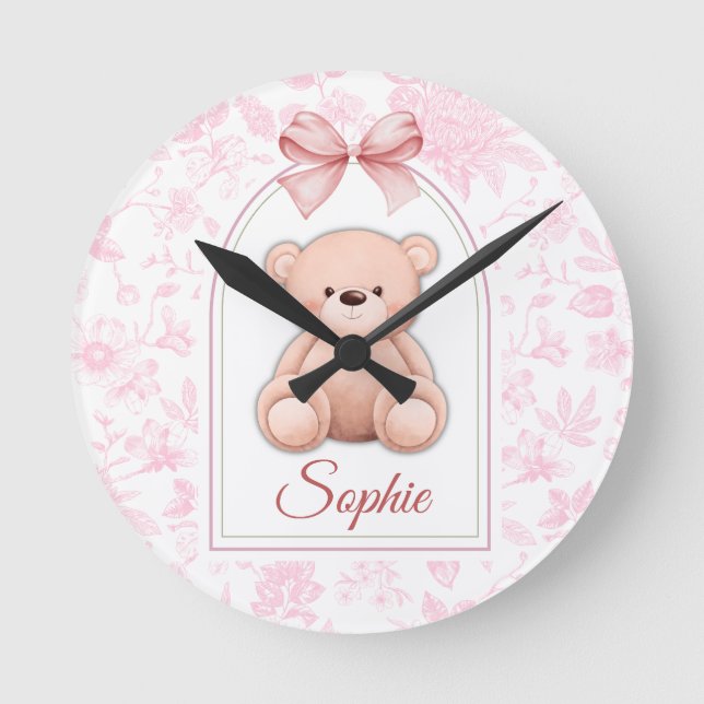 Sophie | Custom Pink Teddy Bear Nursery Design  Round Clock (Front)