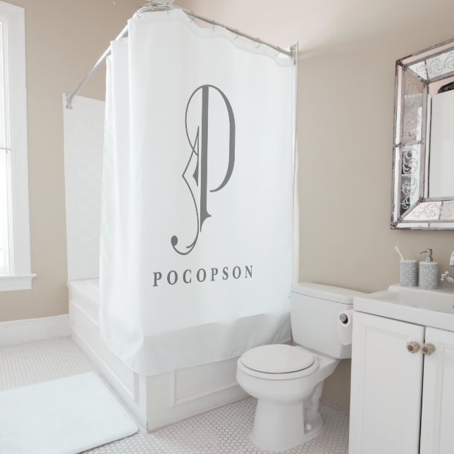 Sophisicated Grey with Elegant Monogram P Custom Shower Curtain (In Situ)