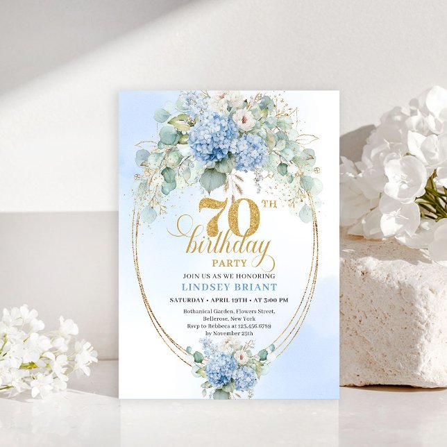 Sophisticated 70th Birthday Blue Hydrangea Invite (Sophisticated 70th Birthday Blue Hydrangea Invitation)