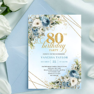 Sophisticated 80th Birthday Invite Dusty Blue Gold