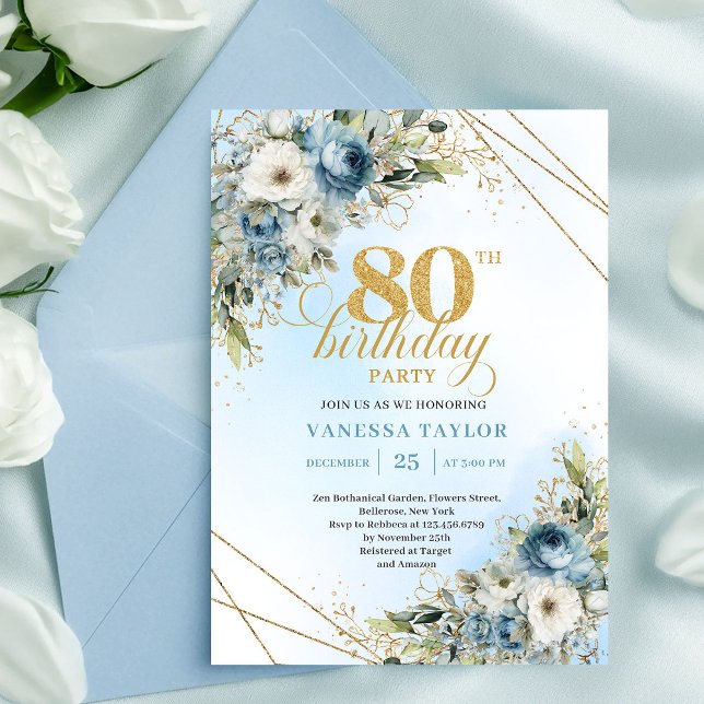 Sophisticated 80th Birthday Invite Dusty Blue Gold (Sophisticated 80th Birthday Invite Dusty Blue Watercolor)