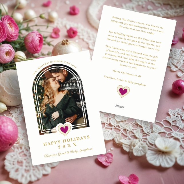 Sophisticated Arch with Lace Effect Hot Pink Heart Holiday Card (Sophisticated Arch with Lace Effect Hot Pink Heart-Shape Photo Family Holidays Cards.)