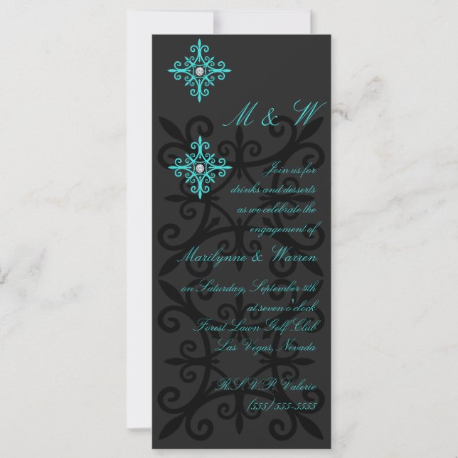 Sophisticated Black and Aqua Engagement Party Invitation (Front)