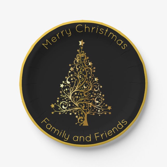 Sophisticated Black and Gold Christmas Tree Paper Plate (Front)