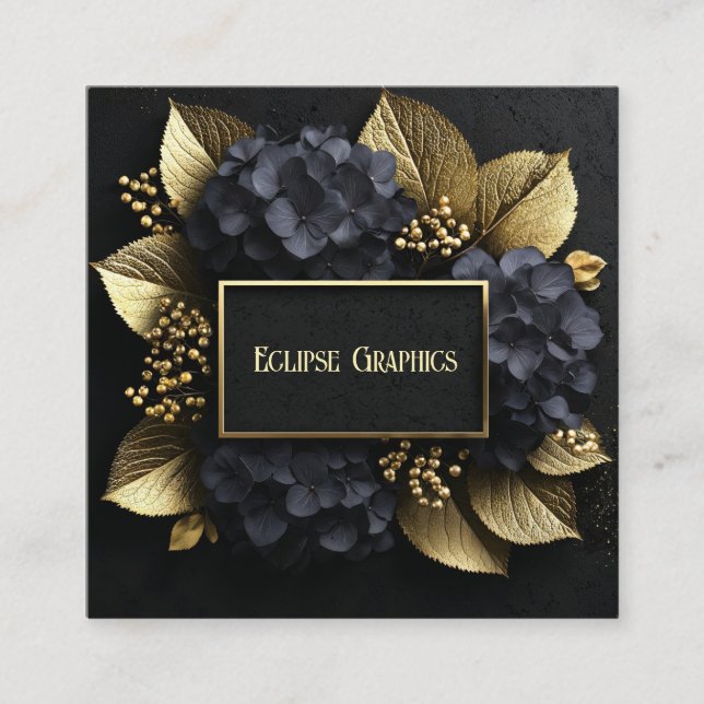 Sophisticated Black and Gold Floral Square Business Card (Front)