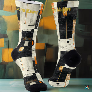 Sophisticated Black and Orange Geometric Abstract Socks