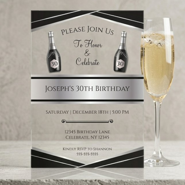 Sophisticated Black and Silver 30th Birthday Him Acrylic Invitations (Sophisticated Masculine 30th Birthday Acrylic Invite with Silver Art Deco & Black Details.)