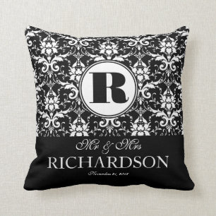 Sophisticated Black and White Damask Monogram Cushion