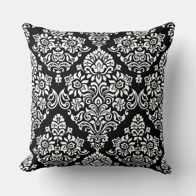 Sophisticated Black and White Royal Damask Pattern Cushion (Front)