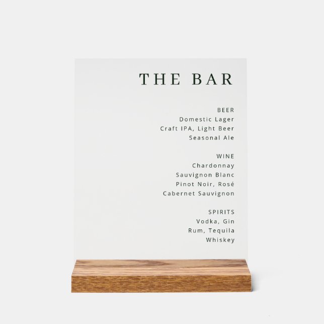 Sophisticated Black and White Typographic Bar Menu Acrylic Sign (Front)
