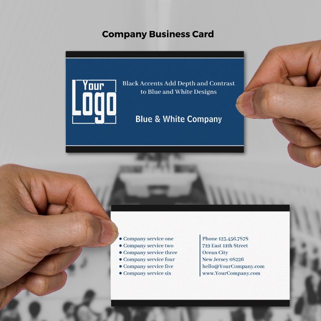 Sophisticated Black, Blue & White Company Business Card (Sophisticated Black, Blue & White Company Business Card with Logo & Service List)