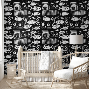 Sophisticated black cat flat line design wallpaper