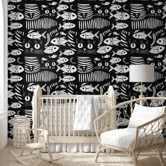 Sophisticated black cat flat line design wallpaper
