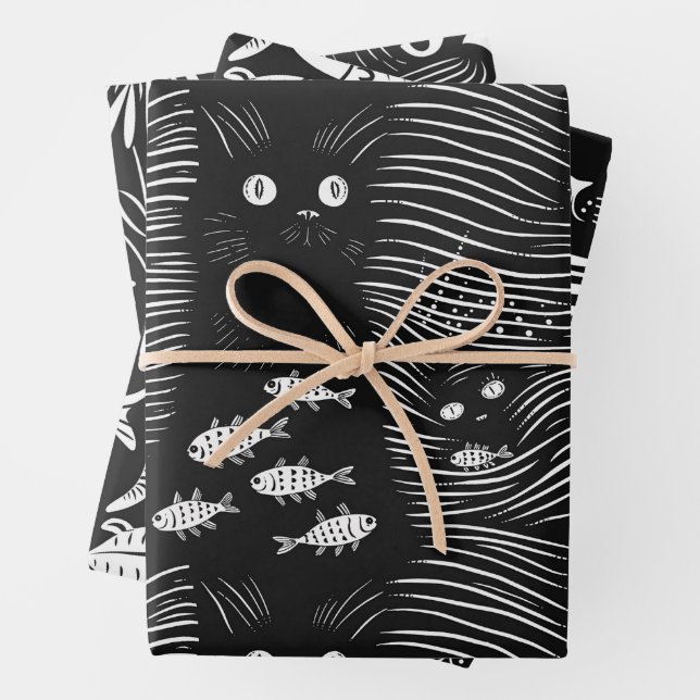 Sophisticated black cat flat line design wrapping paper sheet (In situ)