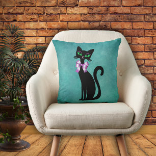 Sophisticated Black Cat green Eyes Pink Bow Aqua Cushion