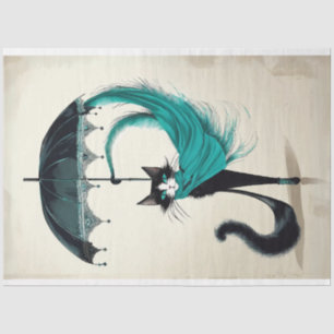 Sophisticated black cat with teal umbrella  tissue paper